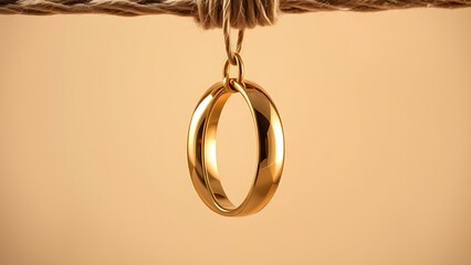 Golden wedding rings suspended on jute rope, elegant close-up with soft lighting enhancing their shine.