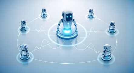 Concept of a multi-agent system or AI teamwork. A central robot leader communicates with a decentralized network of autonomous bots via wireless signals.