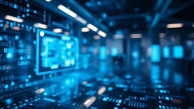 Futuristic abstract scene with glowing blue elements, evoking a technological atmosphere.