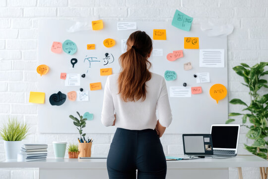 woman stands in front of brainstorming board filled with colorful notes and ideas, surrounded by plants and laptop on desk, ing creative workspace