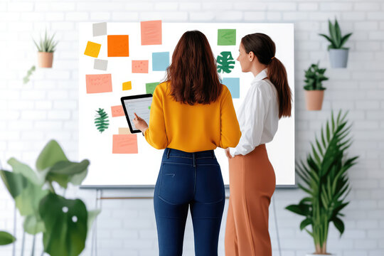 Creative brainstorming session with diverse professionals discussing ideas on whiteboard filled with colorful sticky notes. is collaborative and innovative