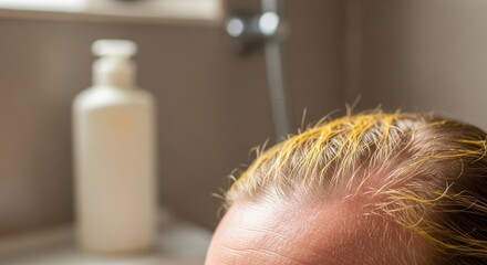 Close-up of Hair with Yellow Dye, Bathroom Setting, Soft Lighting, Skincare Routine.