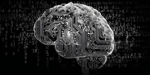 Futuristic ai brain circuit concept with digital code background