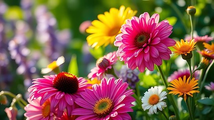 Obraz premium Vibrant floral arrangement glows in morning sunlight with delicate dew drops on petals and a soft garden backdrop.