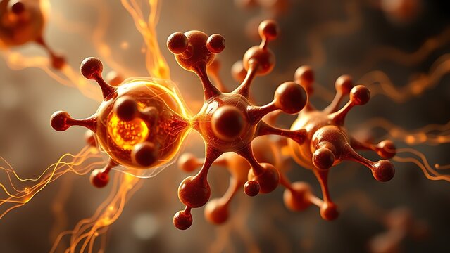 Surreal molecular structure with coffee-hued energy waves activating cells, depicting anti-aging research.