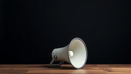 Megaphone placed on a wooden surface against a dark background.