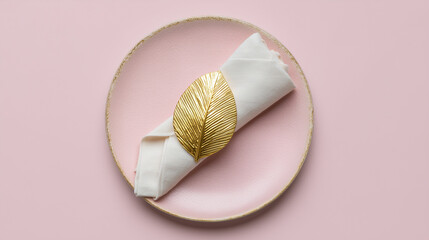 Elegant pink plate with a crisp white napkin held by a stunning golden leaf napkin ring, perfect for upscale dining and event styling.