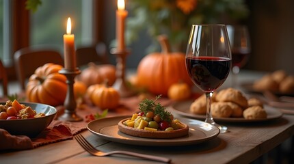 Cozy Autumn Dining Scene | Pasta, Croissants, Pumpkins and Fall Decor with Warm Lighting, Thanksgiving day november 27