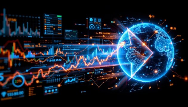 arrow pointing a financial graph representing a crash revenue with data and charts floating around it, and an AI world projected onto its side