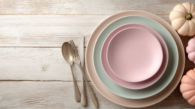Elegant pastel dinnerware and decorative pumpkins arranged on rustic wood for a charming autumn table setting or seasonal event
