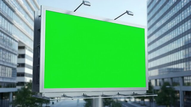 Large Outdoor Advertising Billboard with Green Screen Mockup in Modern City Street. Blank Digital Signage Between Contemporary Glass Buildings, Rea...