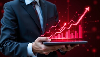A business professional in a suit holding a tablet with digital graphs and charts, representing the use of social media for financial analytics