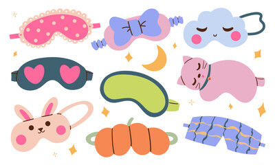 Masks for dreaming. Night mask with cute bow , sleep quotes, rabbit, cloud and cat faces. Cartoon animal mask for pajama print vector set. Nightwear elements for resting and relaxation
