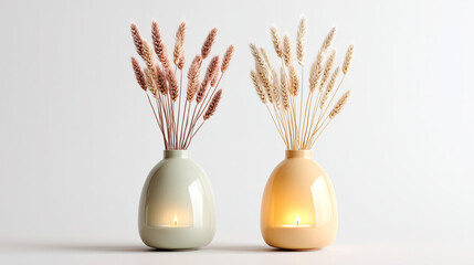 Warm ambiance created by two elegant vases with dried wheat and soft candle glow, perfect for cozy home decor and tranquil settings