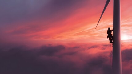A lone technician works on a wind turbine during a vibrant sunset