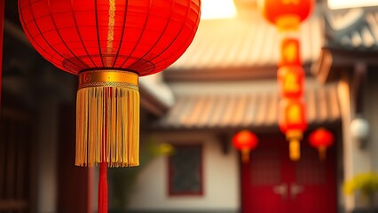 Vibrant red lantern with golden tassels against blurred courtyard, glowing with festive national symbolism.