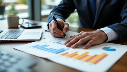 30 year old Businessman wearing business casual suit, working with financial charts and analyzing sales data on a desk in the office