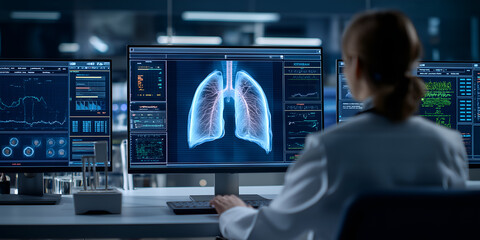 Doctor reviewing lung scan and vitals on medical monitors