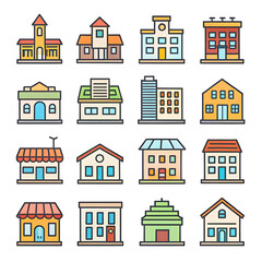 Colorful flat icons depicting various types of buildings and townhouses