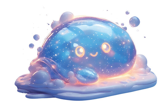 A cute kawaii 3D slime character, smiling face, translucent glowing pink and blue jelly body filled with cosmic stars and galaxy dust, fluffy clouds on the sides, whimsical digital art, isolated on a 