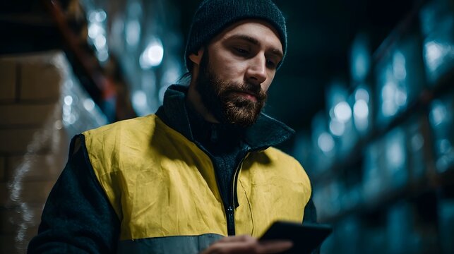 A focused warehouse worker wearing a high visibility vest uses a tablet for inventory management in a dimly lit industrial setting