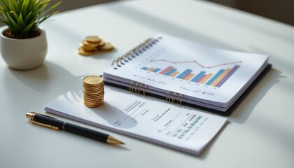 minimalistic concept image for investment planning, stack of golden coins, open planner, pen, printed bar chart, white clean table, soft natural lighting, neutral background
