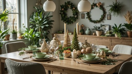 Elegant Dining Table Decorated for the Holiday Season with Greenery and Ornamental Accents