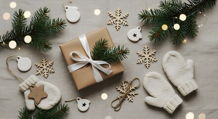 Rustic Holiday Gift Flat Lay | Kraft Wrapped Present, Mittens, Snowflakes and Cozy Christmas Decor