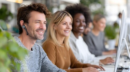 Smiling Diverse Team Working Together in Modern Office Space with Technology and Communication Tools