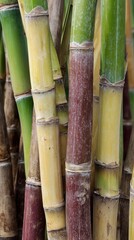 Fototapeta premium Sugar Cane close up: A close-up shot revealing the striking textures and vivid colors of sugar cane stalks, the image showcases the natural beauty of this key agricultural commodity.