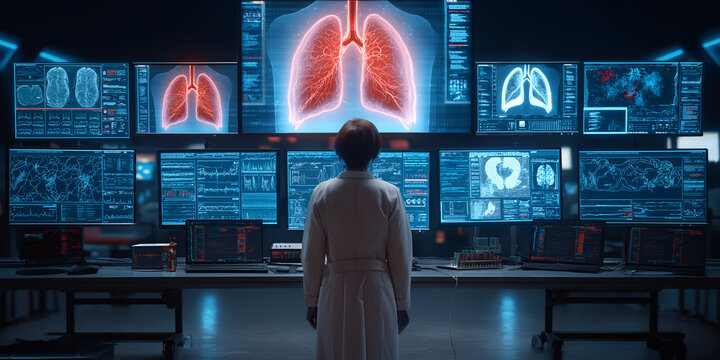 Doctor examining red alert lung scan on medical interface wall