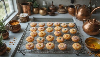 Freshly Baked Cookies with Colorful Sprinkles on a Wire Rack in a Rustic Kitchen Setting