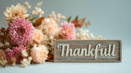 Warmly express gratitude with this elegant floral arrangement and 'Thankfull' sign for heartfelt seasonal displays and cozy home decor.