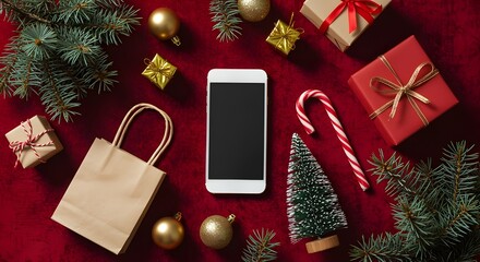 Holiday Shopping Flat Lay | Smartphone, Gifts, Candy Cane and Christmas Decor on Red Velvet