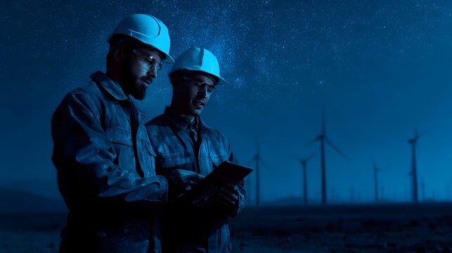 Engineers analyze data on a tablet at night within a wind farm under a vast starry sky