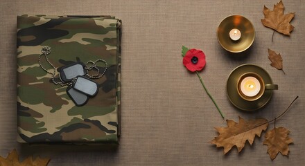 Military Remembrance Tribute | Dog Tags, Poppy, Candles and Autumn Leaves, national veterans day