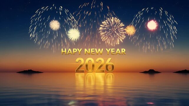 Spectacular display of fireworks illuminates the twilight sky above a tropical beach, reflecting in the calm ocean with text celebrating a golden new year 2026.