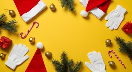 Christmas Essentials Flat Lay | Santa Hats, Candy Canes, Gifts on Yellow Background copy space