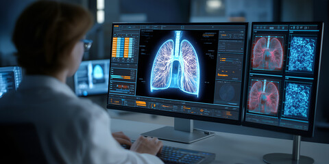 Medical specialist reviewing lung ct scans on digital display