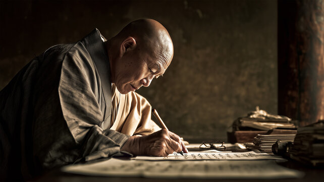 男性が僧衣で経文を書き記す場面