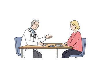 Doctor consulting with a female patient at a desk, taking notes and gesturing with his hand.