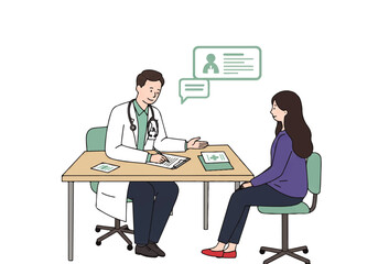 A doctor in a white coat sits at a desk, consulting with a female patient in a clinic setting.