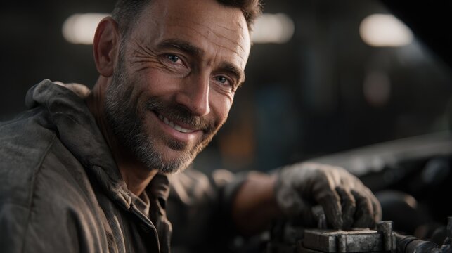 close up of tired but smiling mechanic , dirty hands on car engine, old motor starting to run, warm realistic light in garage, cinematic realism