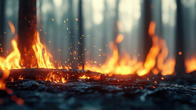 Wildfire burning in forest, with flames and sparks illuminating dark surroundings. scene captures intensity and destruction of nature fury