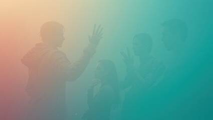 Group of Young People Engaged in Communication with Silhouettes in Colorful Foggy Atmosphere