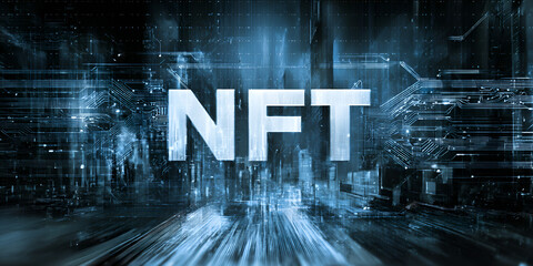 Futuristic nft concept with digital glitch and city background