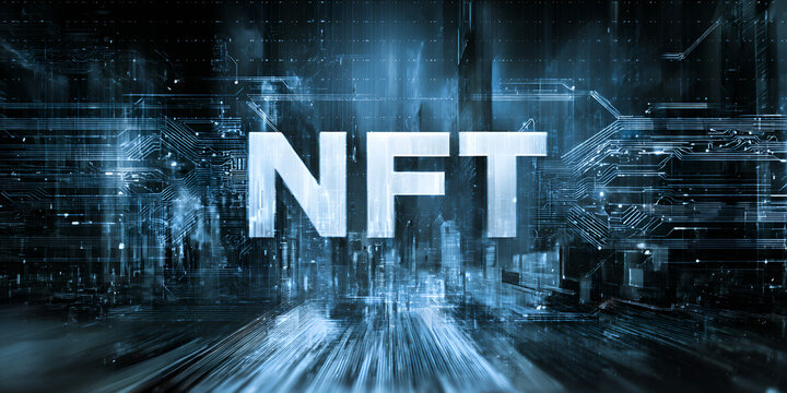 Futuristic nft concept with digital glitch and city background