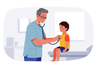 A doctor examines a young boy with a stethoscope in a bright, clean medical office. The boy sits patiently on the examination table.