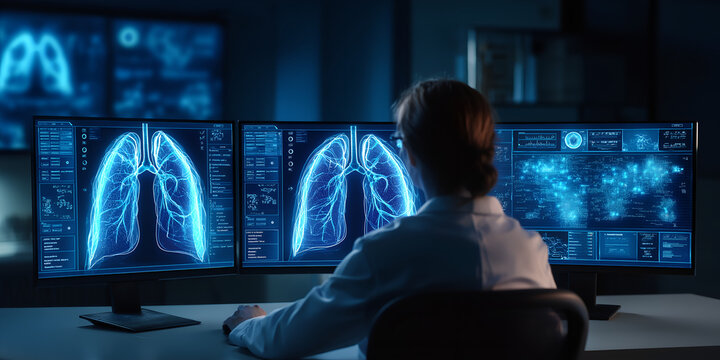 Doctor analyzing lung scans on multiple digital monitors