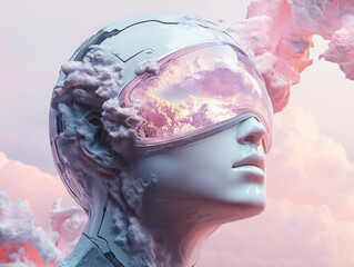 futuristic humanoid figure with ive visor surrounded by colorful clouds, evoking sense of wonder and imagination. scene blends technology and nature harmoniously